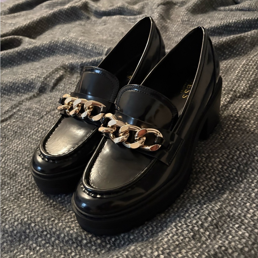 Chunky Black Patent Leather Loafers with Gold Chain